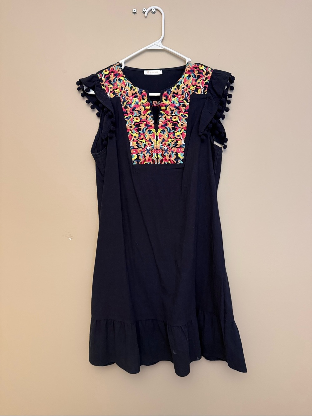 Embroidered Navy Women’s Dress with Pom Sleeve Detail